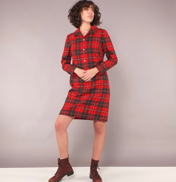 1970s Vintage Pendleton Shirtdress Red Green Plaid
