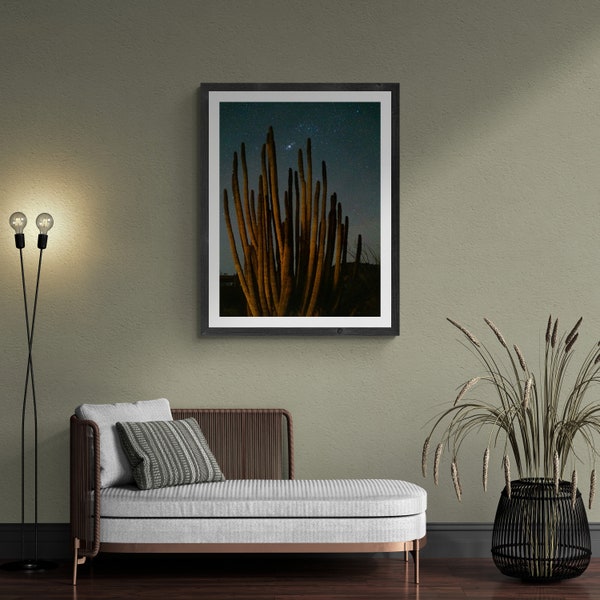 starry desert photographic print, vertical wall art, Milky Way photography, Sonoran desert, canvas wrap, metal print, landscape photo
