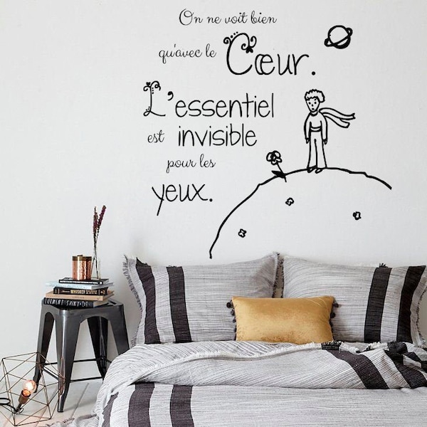 Vinyl Decal Little Prince Quote “On ne voit bien qu'avec le coeur l'essentiel est invisible pour les yeux” Bedroom Living Room Murals S78