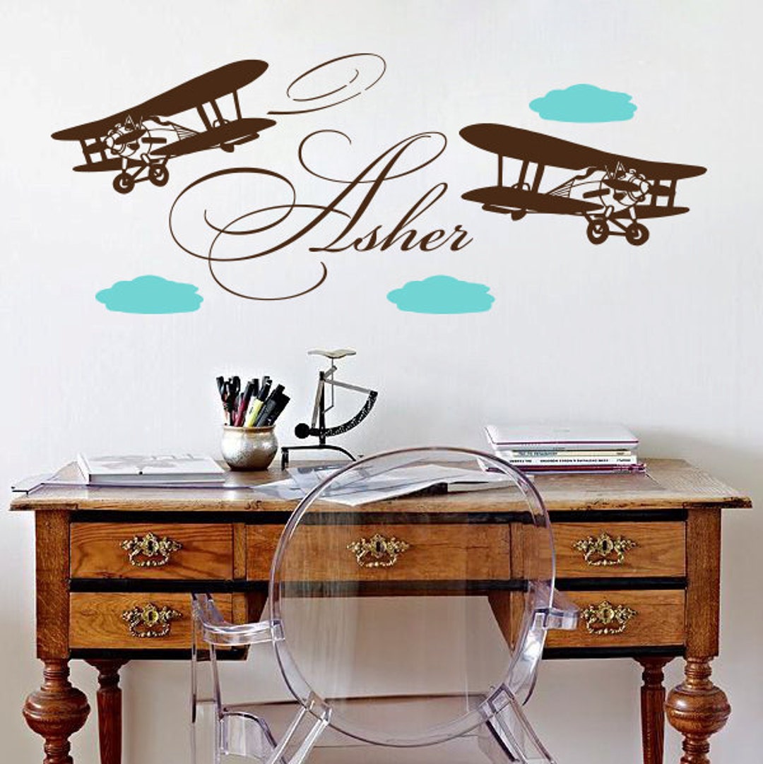 Wall Decals Vinyl Sticker Airplane Biplane Plane Clouds Sky Custom ...