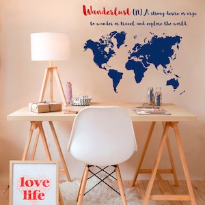 Muur sticker Wanderlust wereld kaart continenten landen Vinyl Sticker studie Office Home decor slaapkamer woonkamer Kinder kamer muurschilderingen MS42
