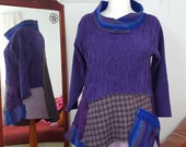 Recycled jumper Purple pinky rainbow acrylic and tweed wool faux suede soft felt cosy cowl winter warmer raw edged zigzag