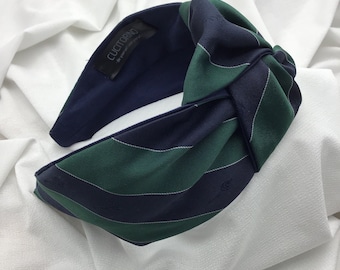 EINZIGARTIGES STÜCK: Seidenstirnband, Krawattenmuster, elegantes Damenstirnband mit zentralem Knoten, handgefertigtes Stirnband, blau und grün