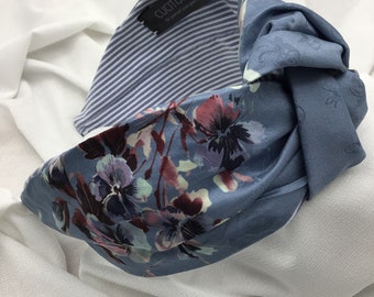 Pure silk hairband, Cerulean violets, Central knot women's headband, Graphic pattern headband, Handcrafted headband