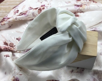 Shiny white satin headband, Solid color women's headband, Central knot headband, Elegant headband