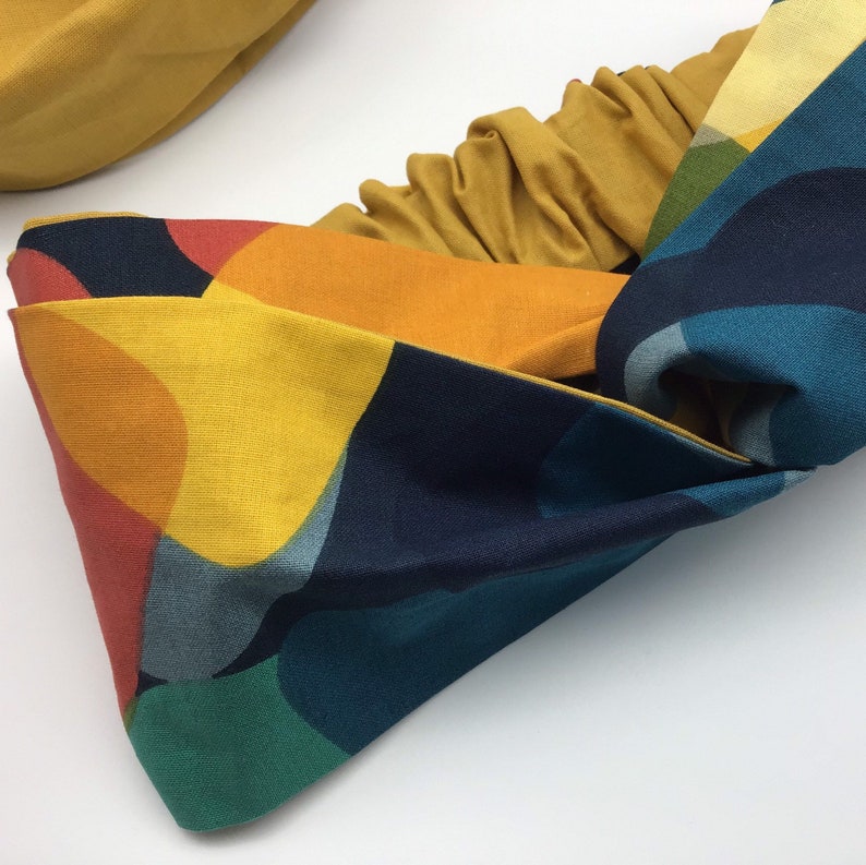 Bauhaus-Haarband, gekreuztes Band mit Gummizug, doppelseitiger Halbturban, senfgelbes Band, mehrfarbiges Damenband aus Baumwolle Bild 2