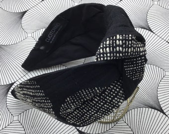 Bandeau en brocart noir, bandeau noir pour femme avec nœud central, bandeau noir élégant, diadème noir et blanc