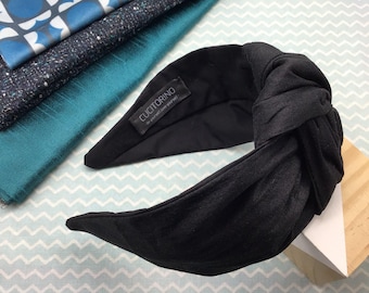 Cerchietto per capelli Seta Shantung Nero, Cerchietto da donna con nodo centrale, Cerchietto in seta, Diadema elegante, Accessori in seta