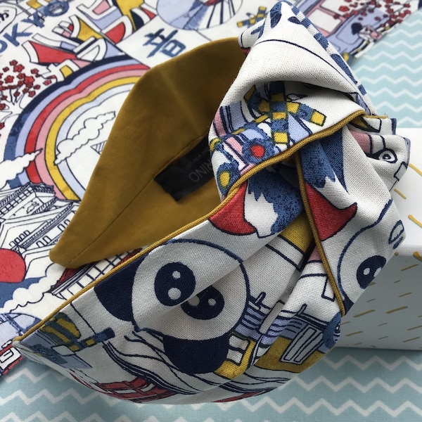 Panda hairband , 生け花 , Japan mood, Headband with central knot, Mustard inner headband, Tokyo headband, Japan mood, White Headband, Panda