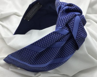 UNIQUE PIECE: Silk headband, Tie pattern, Elegant women's headband with central knot, Handmade headband, blue and white