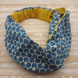 Fascia capelli geometrie giapponesi blu, Fascia senape elastica incrociata, Semi Turbante con elastico sul retro, Fascia cotone double-face immagine 5