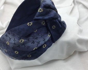 UNIQUE PIECE: Silk headband, Tie pattern, Elegant women's headband with central knot, Handmade headband, blue