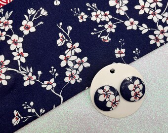 Cherry Blossom Stud Earrings, Round Earrings, Stud Earrings, Blue Background, Fabric Earrings, 22mm.