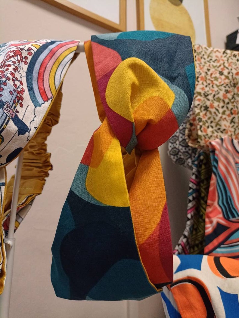 Bauhaus-Haarband, gekreuztes Band mit Gummizug, doppelseitiger Halbturban, senfgelbes Band, mehrfarbiges Damenband aus Baumwolle Bild 8