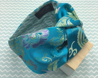 Cerchietto per capelli broccato Asia, con nodo, cerchietto elegante, cerchietto donna,tessuto operato,tessuto jacquard, azzurro