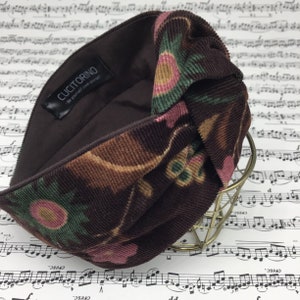 Blumen-Haarband auf Cord, Mittelknoten-Stirnband, Cord, Damen-Haarband, brauner Samt.