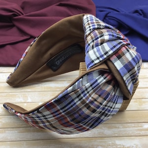 Blaues und braunes Schottenhaar-Stirnband, Zentralknoten-Stirnband, schottisch gemustertes Stirnband, Damenhaar-Stirnband, warme Töne.