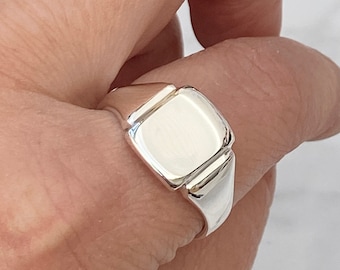 New - Vintage inspired silver polished cushion signet ring - Made to order in sizes J to X - 4 3/4 to 11 1/2 - Can be hand engraved