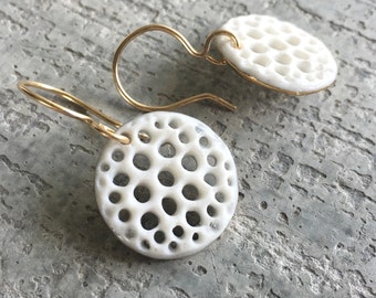 Small Diatom Earrings in Porcelain and Gold with French Hooks