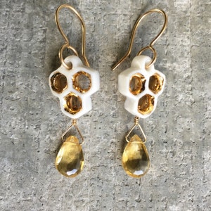 Honeycomb Earrings in Porcelain and Gold with Citrine, Bee Lover&#39;s Earrings, November Birthstone Earrings, Handmade Porcelain Earrings