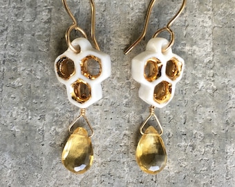 Honeycomb Earrings in Porcelain and Gold with Citrine, Bee Lover's Earrings, November Birthstone Earrings, Handmade Porcelain Earrings