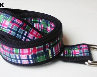 Women/'s Pink and Green Plaid Fabric Belt