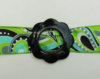 LIME GREEN Ribbon Belt, Turquoise Belt, Black Belt, Teal Paisley Belt, Fabric Belt, Abstract Print Ribbon Belt, 1.5" Wide