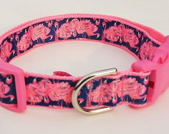 PINK FLAMINGO Dog Collar, 3/4" or 1" Wide, Preppy Collar, Navy Collar, Girl Dog Collar