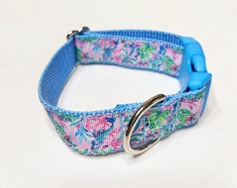BLUE MERMAID Dog Collar, Pink Collar, Preppy Ribbon Collar, Tropical Collar, Floral Girl Dog Collar
