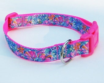 AQUA BLUE FLORAL Dog Collar, Pink Collar, Dark Aqua Collar, Tropical Collar, Beach Collar, Turquoise Collar