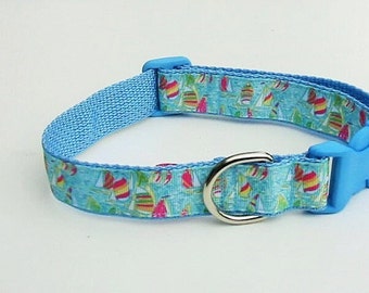 BLUE SAILBOAT Dog Collar, Pink Collar, Nautical Collar, Preppy Ribbon Collar, Tropical Collar