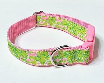 Pink Green SEA CORAL Dog Collar, Tropical Collar, Nautical Collar, Preppy Collar