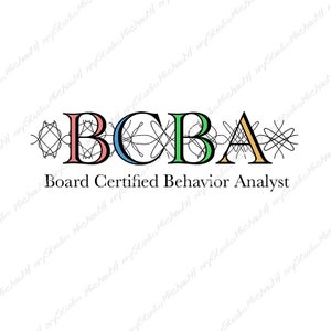 May include: A logo with the letters "BCBA" in black with coloured outlines. The letters are surrounded by decorative swirls. The text "Board Certified Behaviour Analyst" is below the letters.