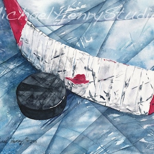Hockey Stick & Puck on Ice, Watercolor, NHL, Man Cave, Kid&#39;s Room, Ice Rink, Sports, Archival Print