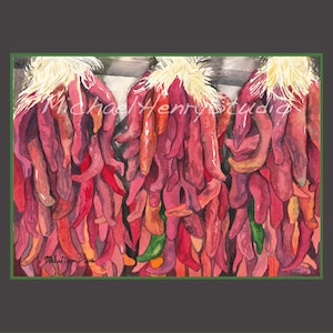 Chile Ristras, Chili Peppers Hanging on Strands, Watercolor, Southwestern Art, Kitchen Art, Garden Art, Mexican, Foodie, Christmas gift