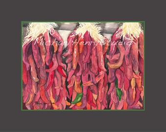 Chile Ristras, Chili Peppers Hanging on Strands, Watercolor, Southwestern Art, Kitchen Art, Garden Art, Mexican, Foodie, Christmas gift