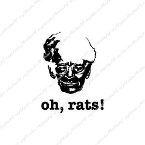 May include: Black and white illustration of a man with a surprised expression. The man is wearing a hat and glasses. The text "oh, rats!" is below the image.