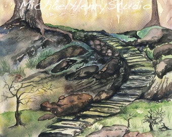 Forest Stairs, Watercolor, Landscape, Sunlight, Tree Art, Woods, Archival Print