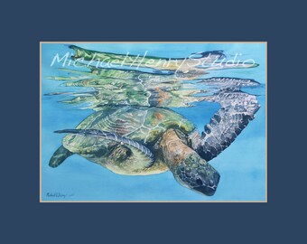 Sea Turtle Watercolor, Ocean, Beach, Hawaii, Maui, Snorkeling, Art, Green Sea Turtles, Archival Print, Unframed, Custom size,
