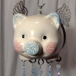 Flying Pig Wind Chime with Blue Chimes and Beadwork