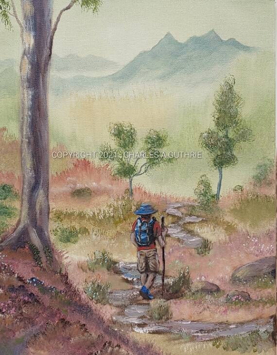 Hiking Art Hiker Mountain Painting Nature Landscape | Etsy