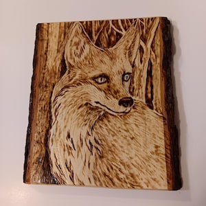 Woodburned Fox Pyrography on Wood Plaque