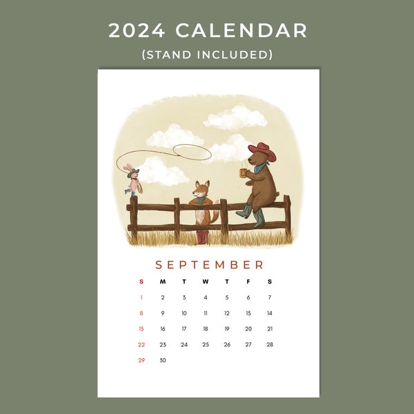 2024 Illustration Calendar with stand, Cute Animals, Bear Bunny Fox Calendar