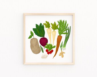 May include: A colorful illustration of various vegetables, including a potato, a beet, a carrot, and several parsnips. The vegetables are drawn with smiling faces and are arranged in a cluster.