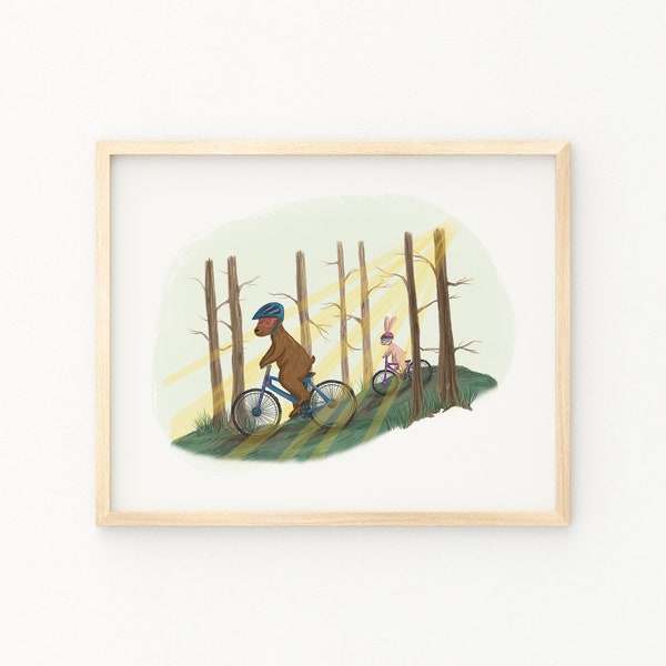 Mountain Bike Friends, Bear Bunny Biking, Art Print, 10x8