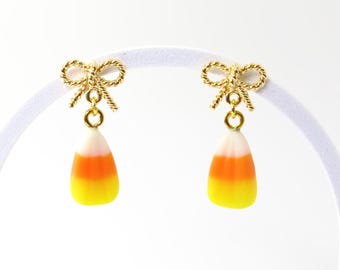 Handmade Candy Corn Polymer Clay Stud Earrings, Halloween Food Jewelry