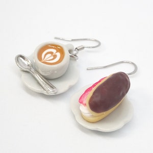 A Coffee and A Strawberry Eclair Earrings , Food Earrings, Food Jewelry, Polymer Clay Charm, Donut Earrings, Coffee Earrings, Foodie Gifts