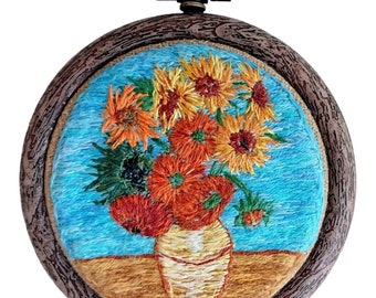 Sunflowers by Vincent Van Gogh. Hand Embroidery Art. Gift for Mom. Art gift for friend. Stitched Artwork.