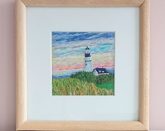 Hand Embroidered Framed Artwork Seascape with Lighthouse. Prince Edward Island Canadian Landscape. Ocean Sunrise Wall Art. Navy Gift for Him