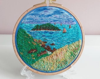 Embroidered Seaside Brittany Landscape inspired by Henry Moret & Claude Monet Impressionistic Hand Embroidery. Gift for man Art lovers.